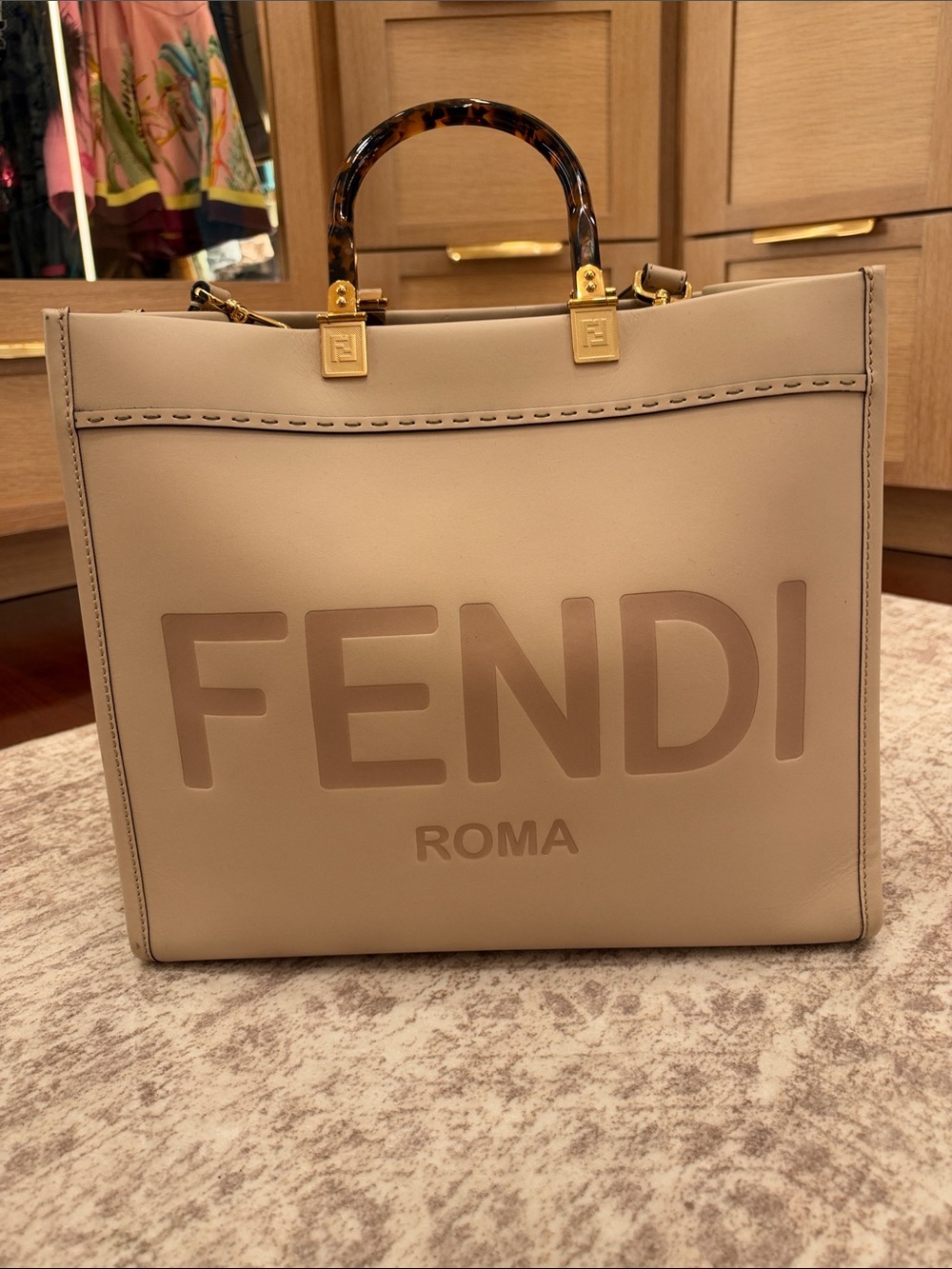 Fendi Sunshine Beige Leather Logo Tote with Tortoiseshell Handles